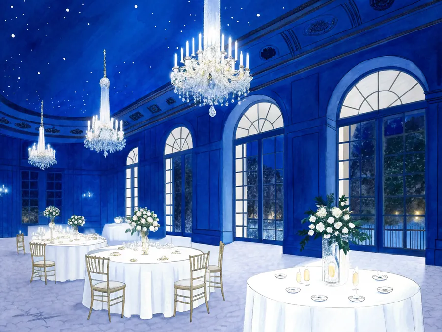 Salle de réception illuminée de lustres