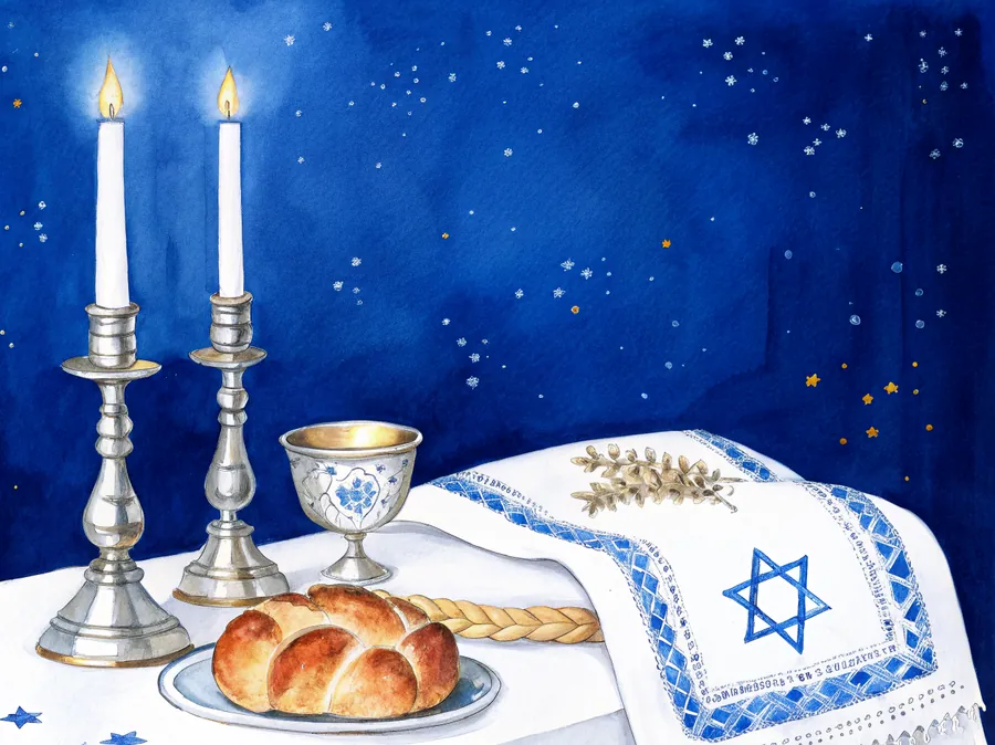 Table de Shabbat : bougies, challah et coupe de kiddouch